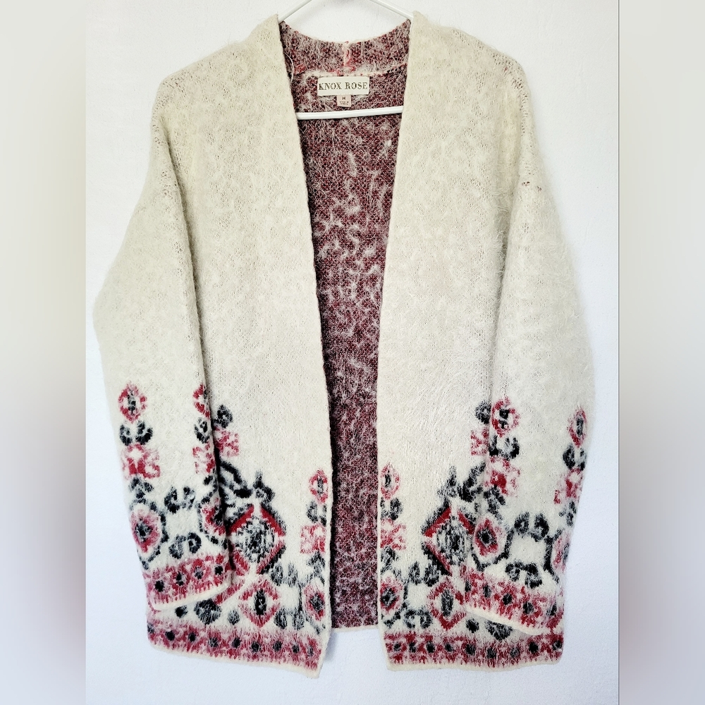 Knox Rose Women's Open Front Cardigan Nordic/Isle Pattern Fuzzy/Eyelach Medium